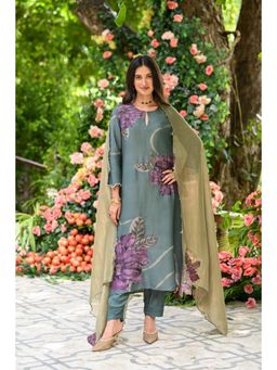 Mahee Jaipur - Teal Floral Print with Cut Work Kurta with Pant & Dupatta