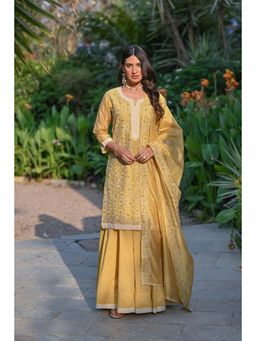 Mahee Jaipur - Yellow Thread Embroidered Chanderi Kurta with Skirt & Dupatta