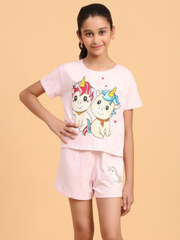 Ninos Dreams - Girls Baby Pink 2 Unicorn T-shirt with Shorts (Set of 2)