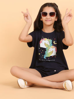 Ninos Dreams - Girls Navy Blue 2 Unicorns Print T-shirt with Shorts (Set of 2)