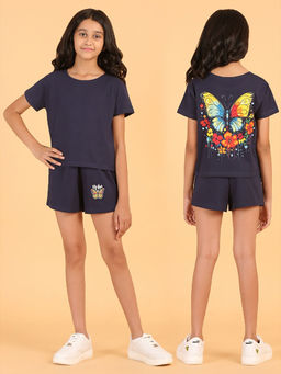 Ninos Dreams - Girls Navy Blue Butterfly Back Print T-shirt with Shorts (Set of 2)