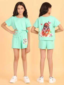 Ninos Dreams - Girls Light Green Back Printed T-shirt with Shorts (Set of 2)