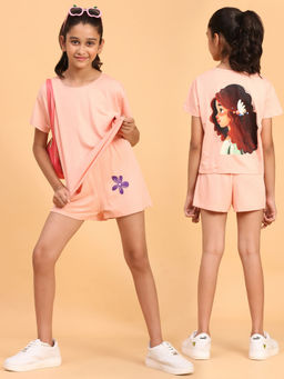 Ninos Dreams - Girls Peach Back Printed T-shirt with Shorts (Set of 2)