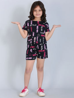 Ninos Dreams - Girls Navy Blue T-shirt with Shorts Text Print (Set of 2)