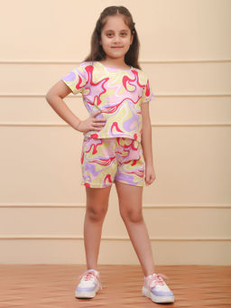 Ninos Dreams - Girls Purple Abstract Printed T-shirt with Shorts (Set of 2)