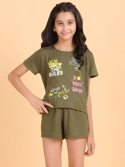 Ninos Dreams - Girls Olive Street Style Print T-shirt with Shorts (Set of 2)