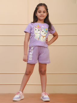Ninos Dreams - Girls Purple Unicorn Printed T-shirt with Shorts (Set of 2)