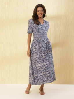 Fabindia - Navy Blue Cotton Printed Dress