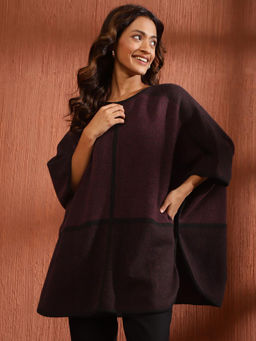 Fabindia - Burgundy Wool Blend Woven Poncho