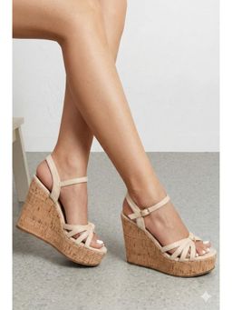 IRUSSH - Women Beige Suede Knotted Detail Cork Heels