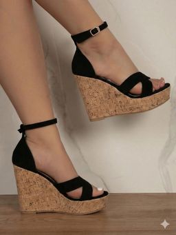 IRUSSH - Women Black Intersect Suede Cork Wedges