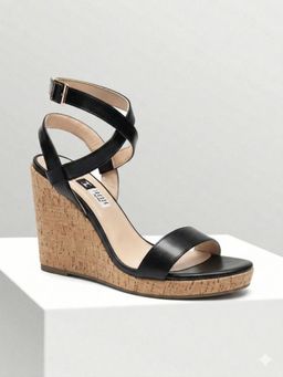 IRUSSH - Women Stylish Black Napa Crisscross Ankle Cork Heels