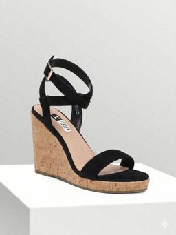 IRUSSH - Women Stylish Black Suede Crisscross Cork Wedges