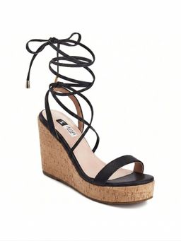 IRUSSH - Women Sleek Black Napa Strappy Cork Gladiator Wedges