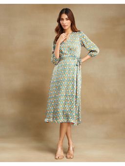 Fabindia - Teal Rayon Blend Hand Block Printed Midi Dress