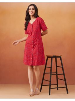 Fabindia - Red Cotton Blend Printed Short Dress