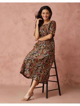 Fabindia - Black Cotton Silk Bagru Floral Midi Dress