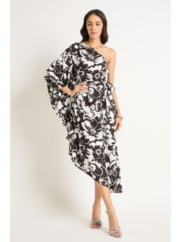 Femmella - Black and White Floral One Shoulder Asymmetrical Dress