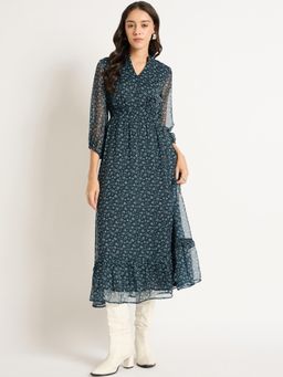 Femmella - Navy Blue Floral Print Tiered Midi Dress