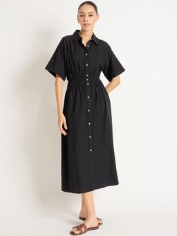 Femmella - Black Cinched Waist Button Down Midi Shirt Dress