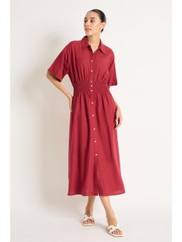 Femmella - Cranberry Cinched Waist Button Down Shirt Dress