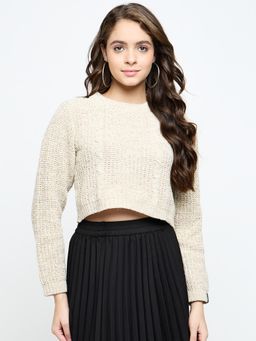 Creative Line - Beige Self Design Knitted Crop Top