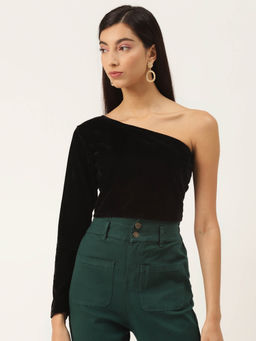 Trend Arrest - One Shoulder Black Velvet Crop Top
