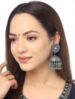 Yellow Chimes - Silver-Toned Oxidised Contemporary Jhumkas Earrings