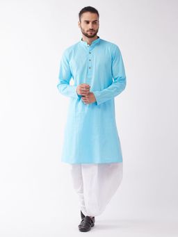 Vastramay - Mens Blue & White Cotton Blend Kurta with Dhoti (Set of 2)
