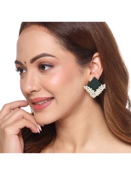 Yellow Chimes - Pearl Beaded Geometric fabric Stud Earrings