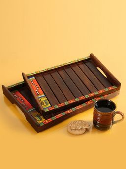 ExclusiveLane - 'Paints & Planks' Madhubani Hand-Painted Nested Trays In Sheesham Wood (Set Of 2)