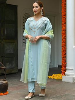 Lavanya The Label - Blue Embroidered Kurta (Set of 3)