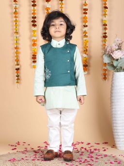 Polka Tots - Cotton Ethnic Wear Embroidered Kurta with Pyjama & Waistcoat - Green
