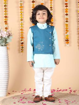Polka Tots - Cotton Ethnic Wear Embroidered Kurta with Pyjama & Waistcoat - Blue