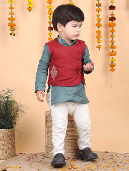 Polka Tots - Cotton Ethnic Wear Embroidered Kurta with Pyjama & Waistcoat - Grey