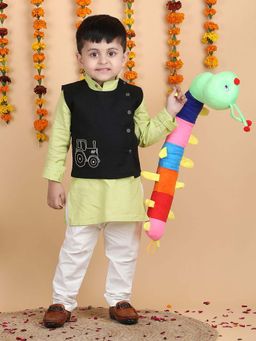 Polka Tots - Cotton Ethnic Wear Embroidered Kurta with Pyjama & Waistcoat - Green