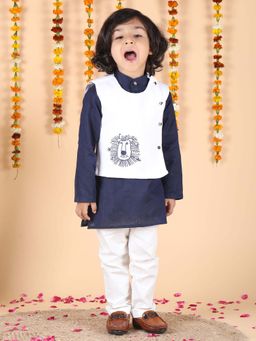 Polka Tots - Cotton Ethnic Wear Embroidered Kurta with Pyjama & Waistcoat - Navy Blue