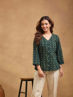 Fabindia - Green Cotton Printed Top