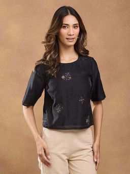 Fabindia - Black Cotton Silk Embroidered Short Top