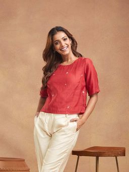 Fabindia - Rust Cotton Silk Printed Short Top