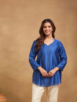 Fabindia - Blue Cotton Silk Hand Embroidered Tunic