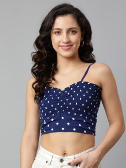 Deebaco - Navy Blue Smocking Polka Dot Crop Top