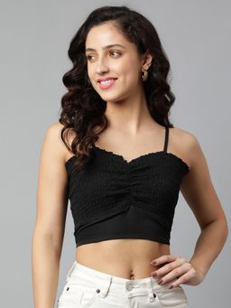 Deebaco - Black Solid Smocked Crop Top