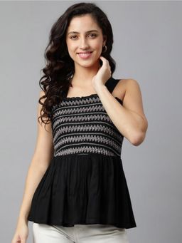 Deebaco - Black Fit & Flare Embroidered Top