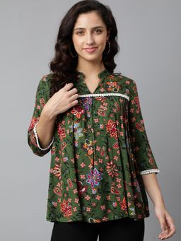Deebaco - Green Floral Print Gathered Top
