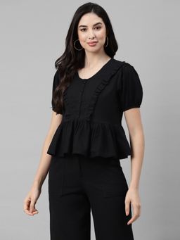 Deebaco - Black Puff Sleeve Cotton Peplum Top