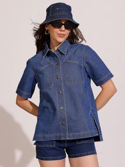 DOLCE CRUDO - Women Navy Blue Boxy Half Sleeves Relaxed Fit Denim Shirt