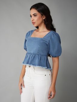 DOLCE CRUDO - Women Light Blue Puff-Sleeve Peplum-Styled Denim Cropped Top