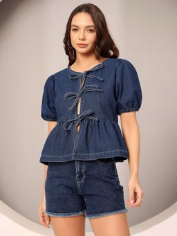 DOLCE CRUDO - Women Dark Blue Round Neck Puff Sleeve Solid Denim Peplum Top