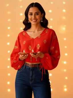 Sera - Orange Printed V-Neck Crop Top for Women